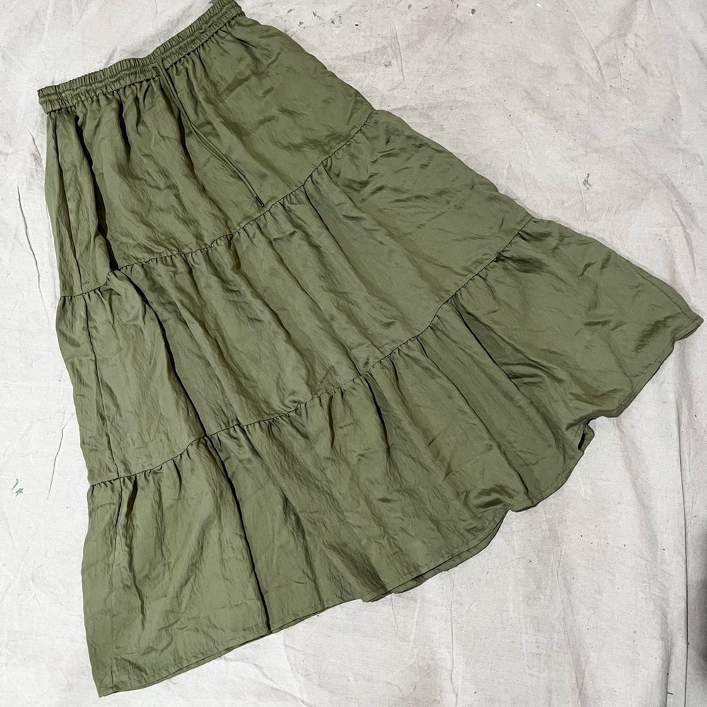 MANGO Olive Army Green Maxi Peasant Skirt Medium